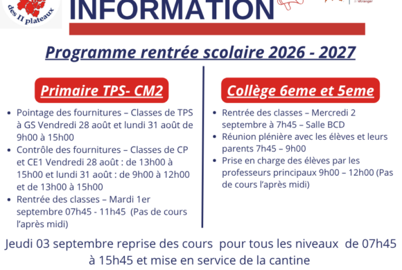 Programme de rentrée scolaire 2026 – 2027